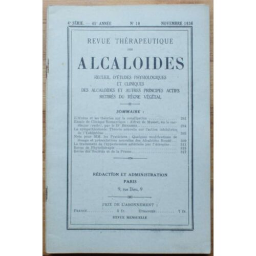Revue Thérapeutique Des Alcaloïdes - Numéro 10 De Novembre 1936