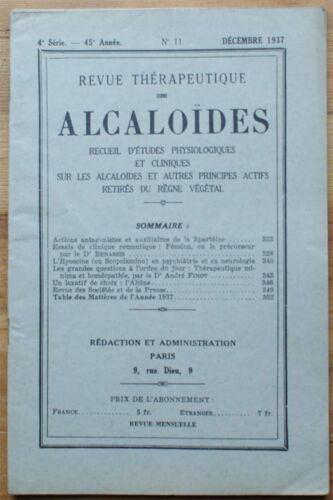 Revue Thérapeutique Des Alcaloïdes - Numéro 11 De Décembre 1937