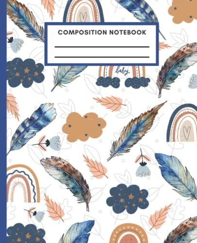 Composition Notebook: Wide Ruled Line Boho Theme Rainbow With Colorful Blue Bird Feather Illustration Gift For Boys Girls Kids Teens Students College Writing Notes