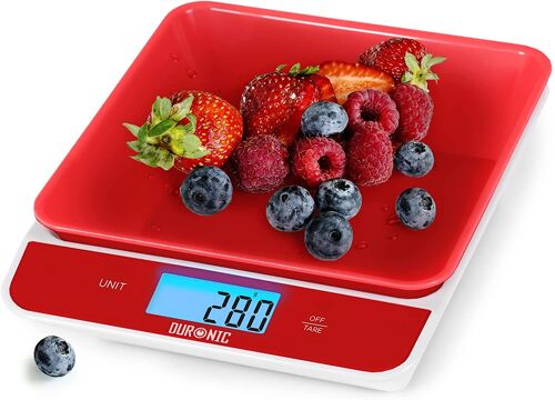 Duronic Ks100 Rd Balance De Cuisine Rouge | Capacité De 5 Kg | Bol De 1,2l Inclus | Large Écran Rétroéclairé | Fonction D'ajout De Poids | 4 Capteurs Précis | Idéale Pour La Pâtisserie Ou Comme Balance Postale