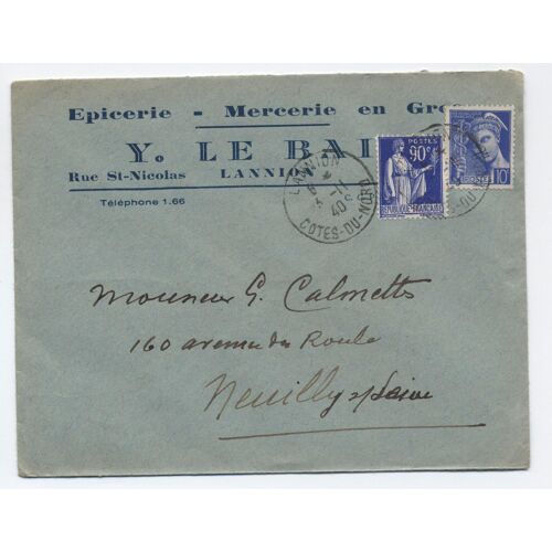 Enveloppe Commerciale Cad 1940 Lannion Sur Mercure 10 C. Et Paix 90 C.