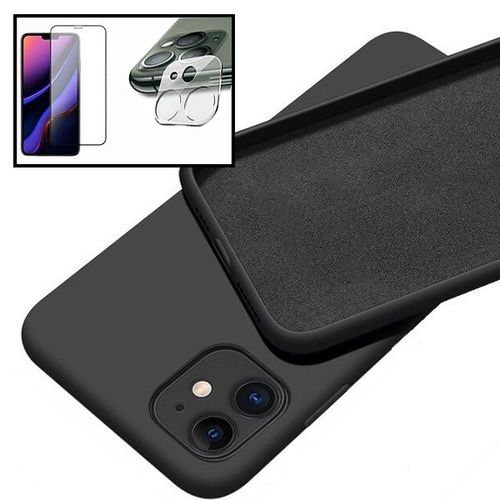 Kit Verre Trempé 5d Full + Verre Trempé Pour Le Film Caméra Arrière + Coque Silicone Liquide Pour Iphone 12 Mini - Noir