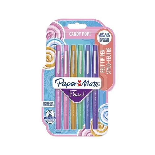 Paper Mate Lot De 6 Stylos Feutre Flair Candy Pop - Pointe Moyenne - Assortiment De Couleurs