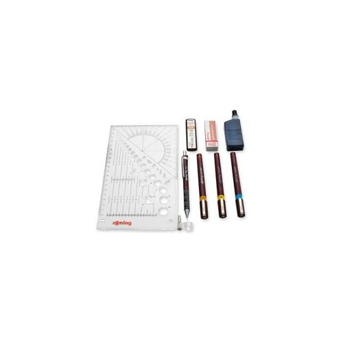 Rotring Set Collège, 1 Tikky Porte-Mine 0,5 + 3 Stylos Isograph (0,2mm - 0,3mm - 0,7mm), 1 Gomme B20, 1 Étui 12 Mines Hb, 1 Flacon D