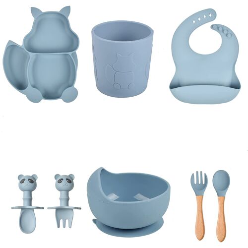 8pcs Coffret Repas Bebe Silicone,Assiette Ventouse Pour Bébé + Bavoir Ajustable + Bol Antidérapant + Cuillere/Fourchette,Cadeau Naissance(Bleu)