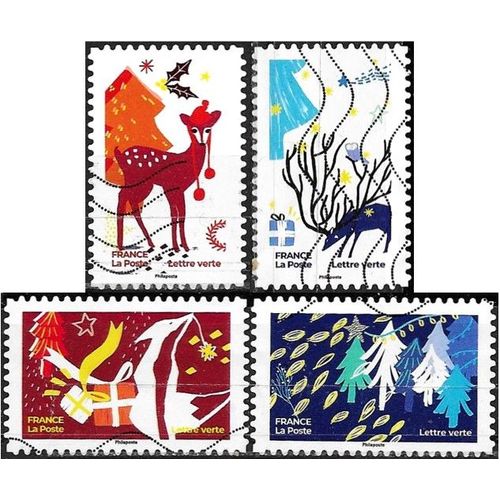 France 2021, 4 Beaux Timbres Yvert 2061 2064 2065 2068, Série "Ensemble, Fêtons Un Noël Qui Fait Du Bien", Oblitérés, Tbe.