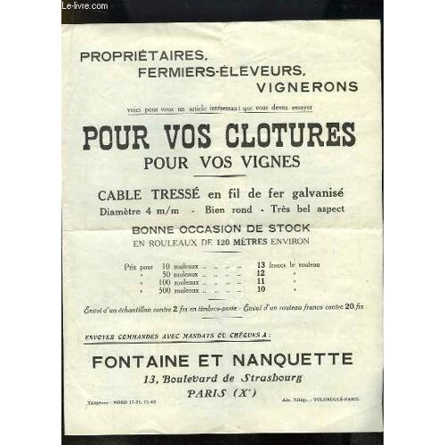 Dépliant Fontaine Et Nanquette. Propriétaires, Fermiers-Eleveurs, Vignerons. Auges, Abreuvoirs, Mangeoires - Cuisini-Res Spéciales.