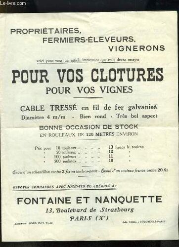 Dépliant Fontaine Et Nanquette. Propriétaires, Fermiers-Eleveurs, Vignerons. Auges, Abreuvoirs, Mangeoires - Cuisini-Res Spéciales.