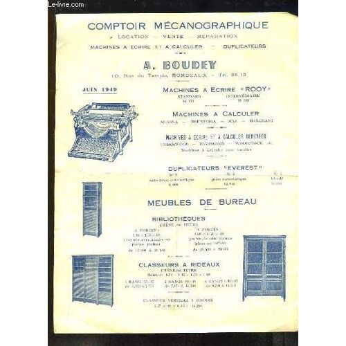 Publicité Deu Comptoit Mécanographique A. Boudey. Machines À Ecrire Rooy. Meubles De Bureau. Classeurs À Rideaux. Meubles Métalliques ...