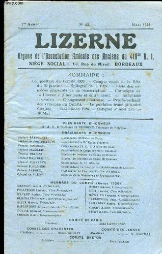 Lizerne : Organe De L Association Amicale Des Anciens Du 418 Eme R.I - N° 23 Mars 1926