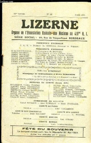 Lizerne : Organe De L Association Amicale Des Anciens Du 418 Eme R.I - N° 40 Avril 1931