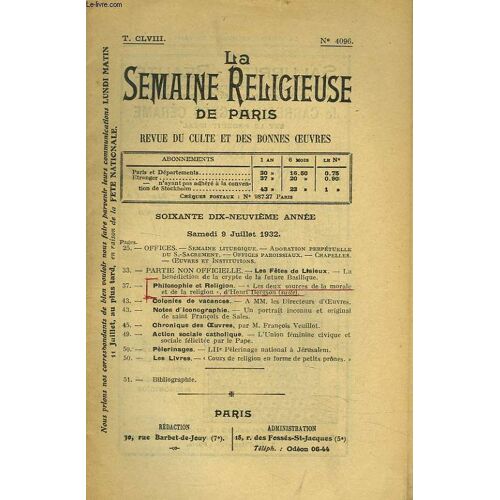 La Semaine Religieuse De Paris. Revue Du Culte Et Des Bonnes Oeuvres N°4096. T. Clviii (79e Annee). 9 Juillet 1932. Offices.
