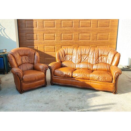 Canapé Lit + 1 Fauteuil - 100 % Cuir De Buffle Camel Et Bois Massif D'acajou