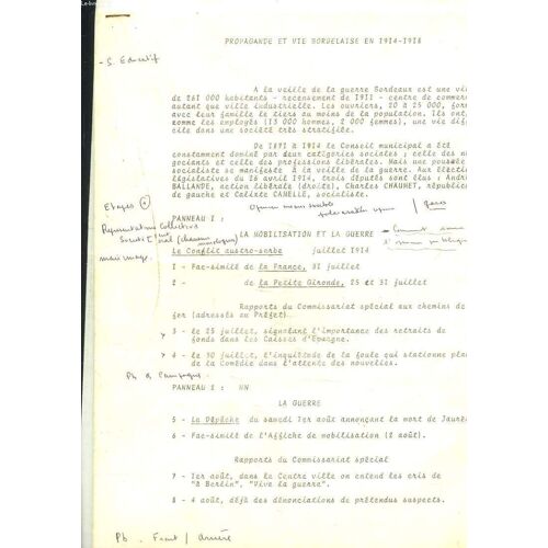 Propagande Et Vie Bordelaise En 1914-1918 (Descriptif Exposition)