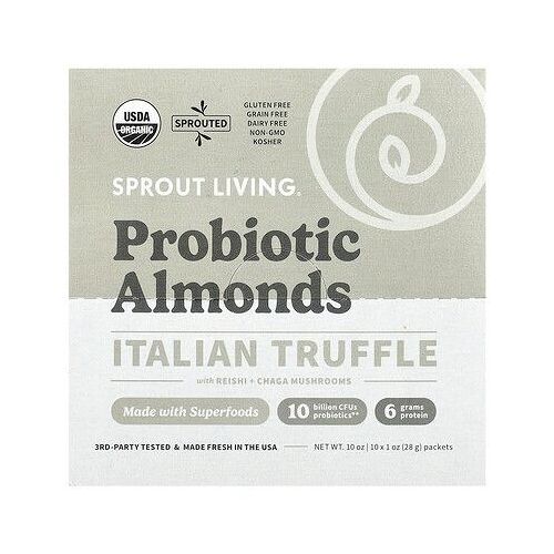 Sprout Living, Amandes Probiotiques, Truffe Italienne Aux Champignons Reishi + Chaga, 10 Sachets, 28 G Pièce