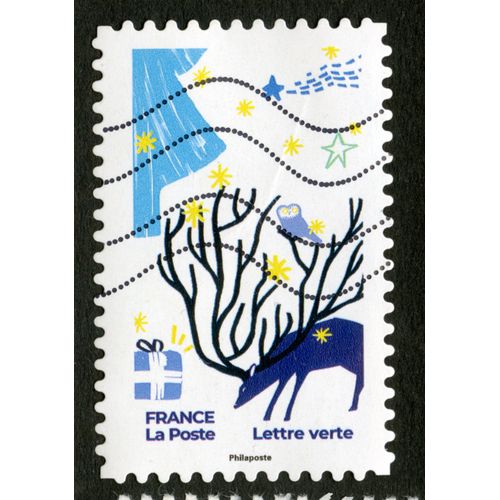 Timbre Oblitéré Noel,Renne,Cadeau,France,La Poste,Lettre Verte