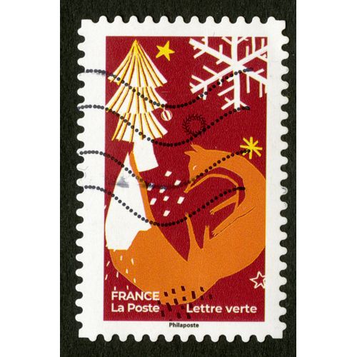 Timbre Oblitéré,Noël,Renard Et Sapin,France,La Poste,Lettre Verte