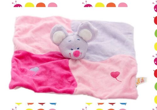 Doudou Plat Carré Souris Rose Coeurs Brodés - Dou Kidou