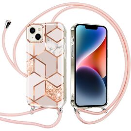 Coque pour iPhone 14 Antichoc Anti-Rayures Motif Marbre avec Cordon Rose - E.F.Connection