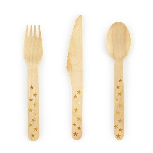 18 Couverts En Bois Etoiles Dorees 16 Cm