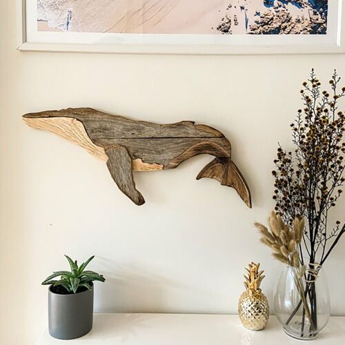 Élément de décoration pour la maison, baleine et vague d'océan, décoration murale en bois, cadeau sélectionné à la main, accessoires d'ornement en bois