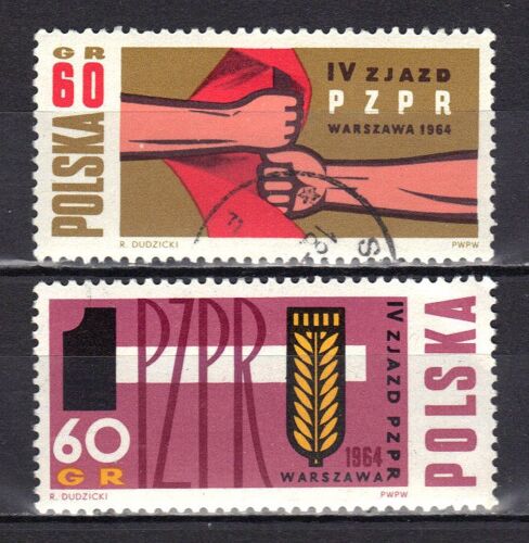 Pologne 1964 : 4è Congrès Du Parti Ouvrier Unifié : Drapeau National Et Marteau / Main Tenant Un Drapeau Rouge - Série De 2 Timbres Oblitérés