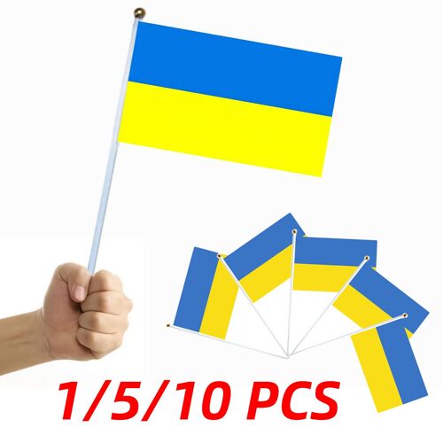 1/5/10PCS Drapeau Ukraine Ukrainien Tenu Dans La Main Petit Mini Drapeaux de Bâton Décorations Drapeaux Pour La Fête Festival Parades Parties Décor