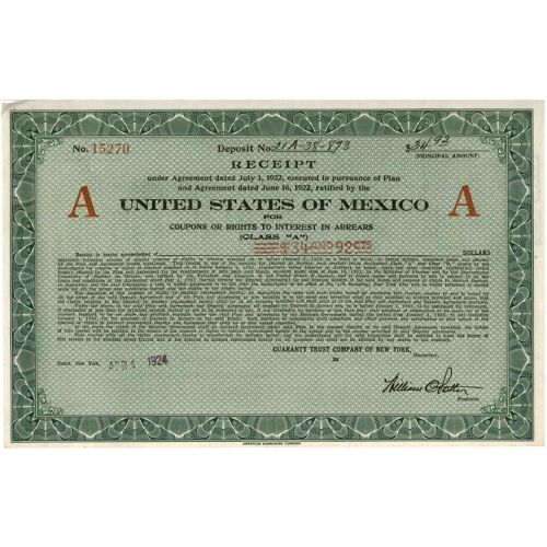 Reçu Coupon D'arriérés Etats Unis Du Mexique 1924