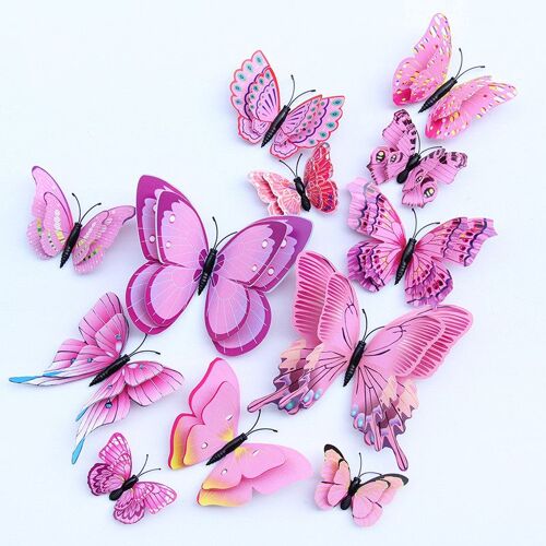 Autocollant mural papillon 3D multicolore en PVC, 12 pièces, Double couche, ailes, fête, chambre d'enfant, décor de réfrigérateur magnétique