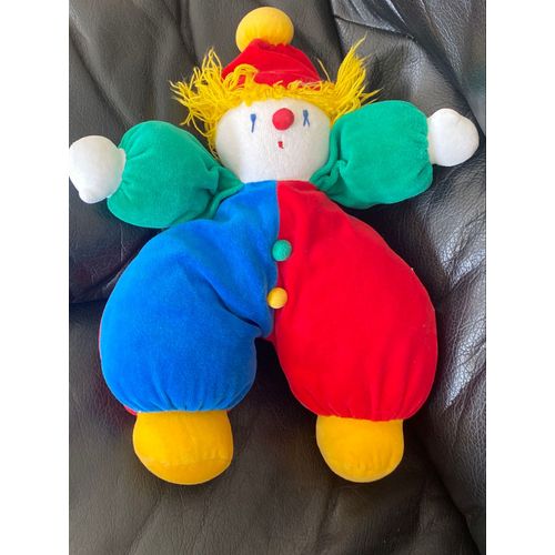 PELUCHE VINTAGE CLOWN MOULIN ROTY VITE UN CALIN ROUGE BLEU JAUNE GRELOT 33 CM