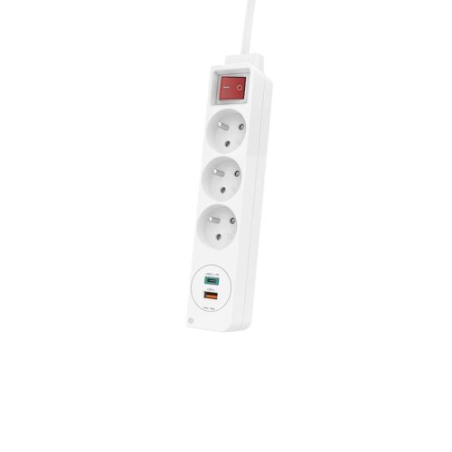 Multiprise, 3 prises, USB-C/A 18 W, PD/QC?, interr., conn. plat, 1,4m