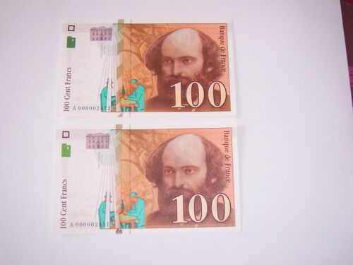 2 Billets 100f Paul Cezanne 1997  Neuf/Unc Petit Numéro