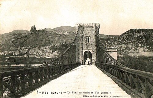 Carte Postale Ancienne, France, Ardèche ( 07 ), Rochemaure, Le Pont Suspendu Et Vue Générale