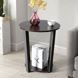 Costway Table D'appoint, Bout De Canapé Ronde De Style Industriel Moderne À 2 Niveaux En Bois, Cadre En Métal, Pieds Ajustables
