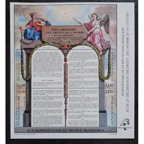 Timbre Feuillet Bicentenaire De La Revolution Francaise Et De La Declaration Des Droits De L'homme .4 T.P.