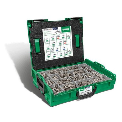 Spax Malette plastique de montage L-BOXX, Kit de vis avec 17 dimensions, Tête fraisée, T-STAR plus, 4CUT, Acier spécial inoxydable A2 - 5000009165019
