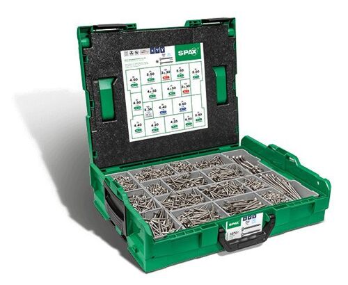 Spax Malette plastique de montage L-BOXX, Kit de vis avec 17 dimensions, Tête fraisée, T-STAR plus, 4CUT, Acier spécial inoxydable A2 - 5000009165019