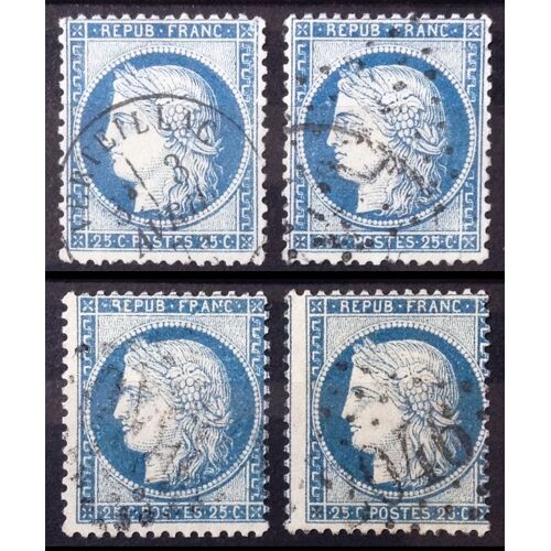 Cérès - Répub Franc - Dentelé Type Iii (Rosace Partiellement Remplie) - 25c Bleu (Très Jolis N° 60c) Obl X4 - Cote 8,00 - France Année 1871 - Brn83 - N29022