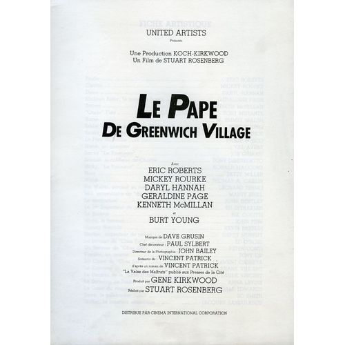 Le Pape De Greenwich Village, Dossier De Presse, Stuart Rosenberg, Eric Roberts, Mickey Rourke