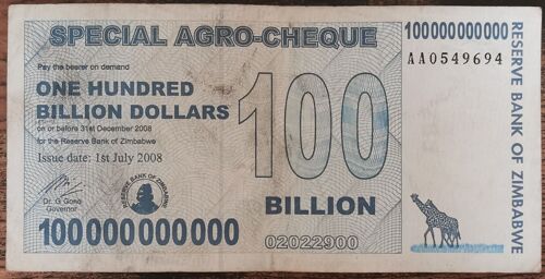 Billet 100.000.000.000 Dollars Zimbabwe 2008 - 100 Milliards / Billion Aa0549694