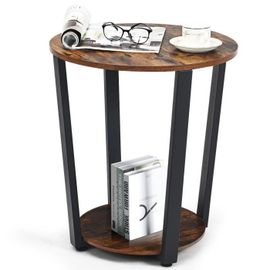 Costway Table D'appoint, Bout De Canapé Ronde De Style Industriel À 2 Niveaux En Bois, Cadre En Métal, Pieds Ajustables