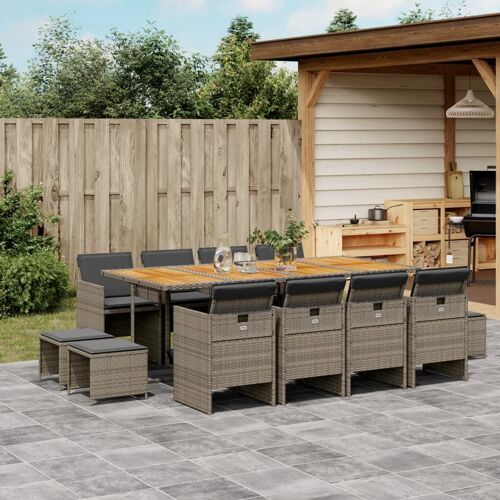 Vidaxl Ensemble À Manger De Jardin Coussins 13 Pcs Gris Résine Tressée