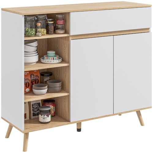 Buffet Scandinave 2 Portes Tiroir 4 Niches Blanc Aspect Chêne Clair