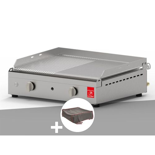 Plancha gaz 2 brûleurs CHEF 55 plaque lisse rainurée + Housse de protection