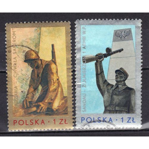 Pologne 1976 : Xxxè Anniversaire De La Victoire Sur Le Fascisme : Gloire Aux Sapeurs À Varsovie / Soldat De L'armée Polonaise - Série Entière De 2 Timbres Oblitérés Or Et Argent