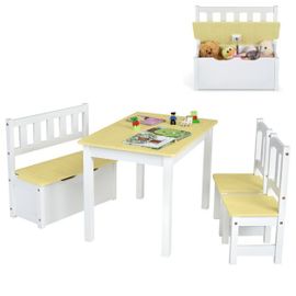 Ensemble De Table Et Chaises Pour Enfant,Avec Table 2 Chaises Et Banc De Rangement 2 En 1 Pour Étudier Et Manger Naturel Helloshop26 20_0007137