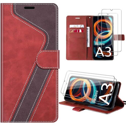 Coque + 2 Verres Trempés Pour Xiaomi Redmi A3 - Coque Effet Cuir Rouge Anti-Rayures - E.F.Connection