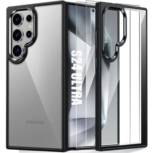 Coque Avec 2 Verres Trempés Pour Samsung Galaxy S23 Ultra - Coque Semi-Rigide Silicone Noir Avec Dos Transparent En Pc - E.F.Connection