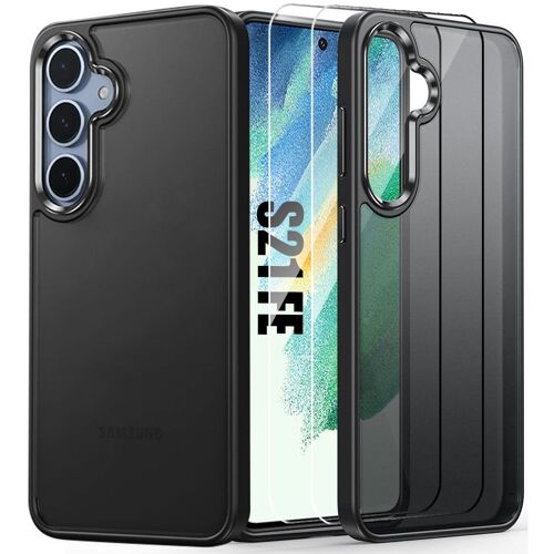Coque et 2 Verres Trempés pour Samsung Galaxy S21 FE (pas pour S21), Antichoc Dos Rigide Translucide avec Cadre Noir - E.F.Connection