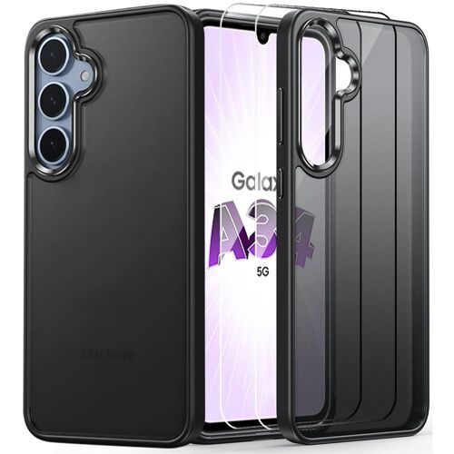 Coque Avec 2 Verres Trempés Pour Samsung Galaxy A34 5g, Coque Anti-Rayures Noir + Arrière Pc Rigide Translucide - E.F.Connection